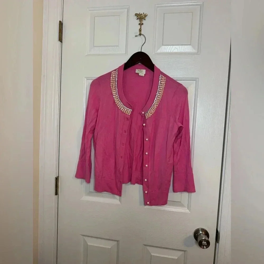 Kate Spade cardigan size medium pearl beaded Tula pink white